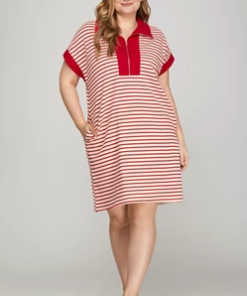 Half Zip Striped Knit Dress - Red