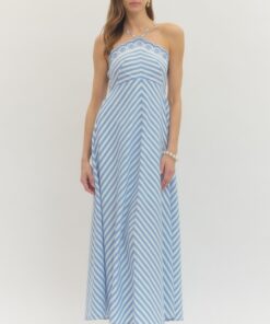 Striped Embroidered Halter Maxi Dress - Light Blue