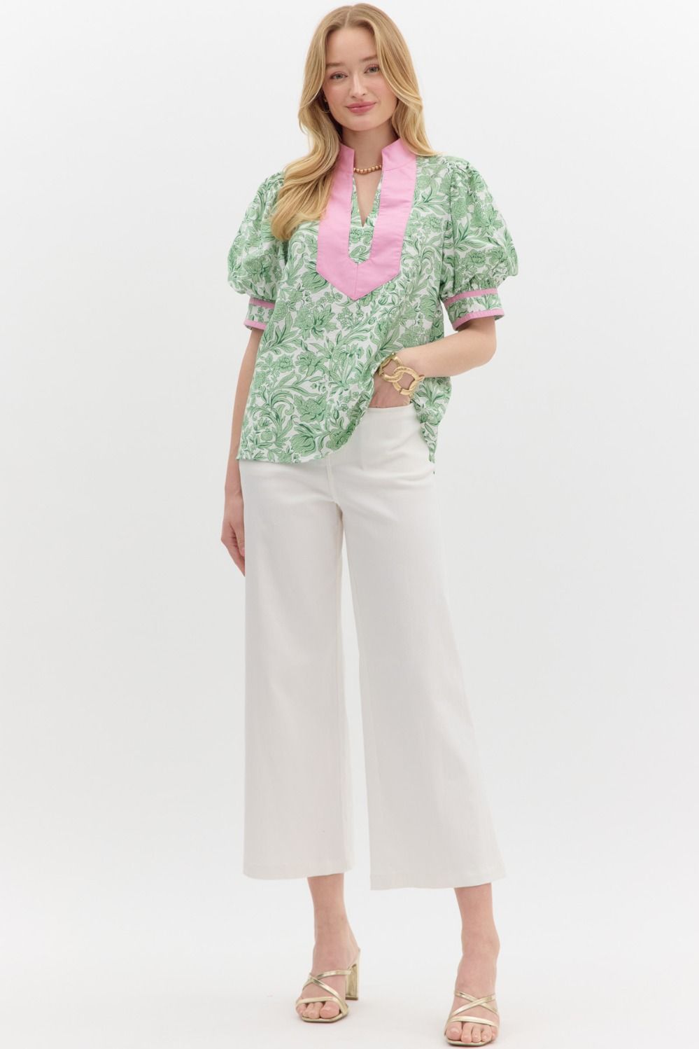 Grandmillennial Puff Sleeve Top - Pink/Green - Image 4