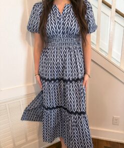 Navy/Blue Printed Puff Sleeve Midi Dress