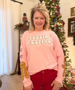 “Feeling Festive” Pink Top With Embroidered Sleeves