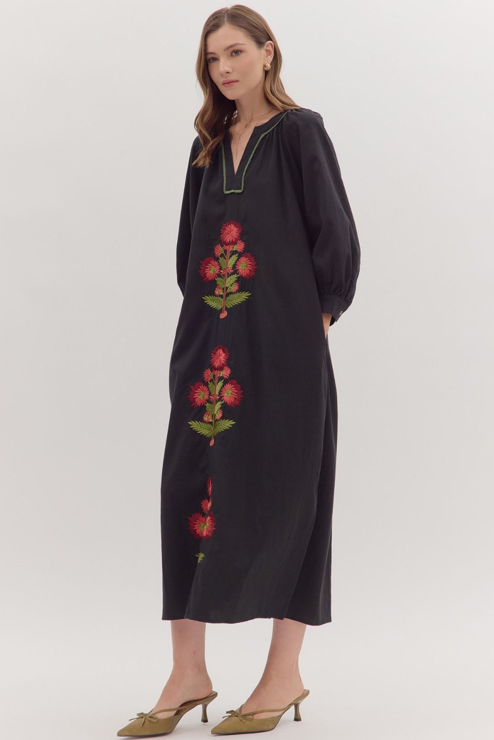 Embroidered Floral Maxi Dress - Black - Image 3