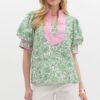 Grandmillennial Puff Sleeve Top - Pink/Green