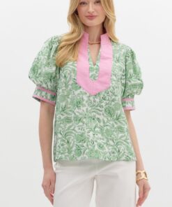 Grandmillennial Puff Sleeve Top - Pink/Green