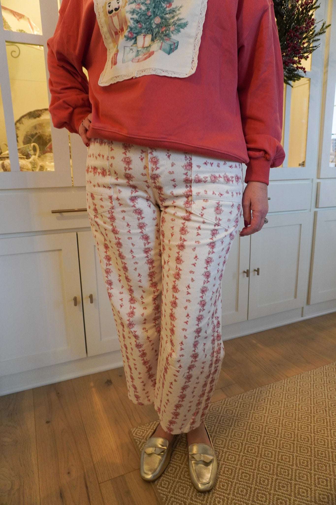 Floral Printed Corduroy Waist Tie Detail Pants - Image 2