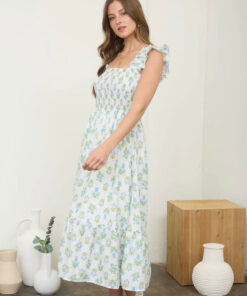 Alternative view of Floral Tile Pattern Smocked Sleeveless Midi Dress-Blue Multi