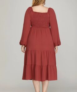 Alternative view of Long Sleeve Smocked Midi Dress - Brick Red