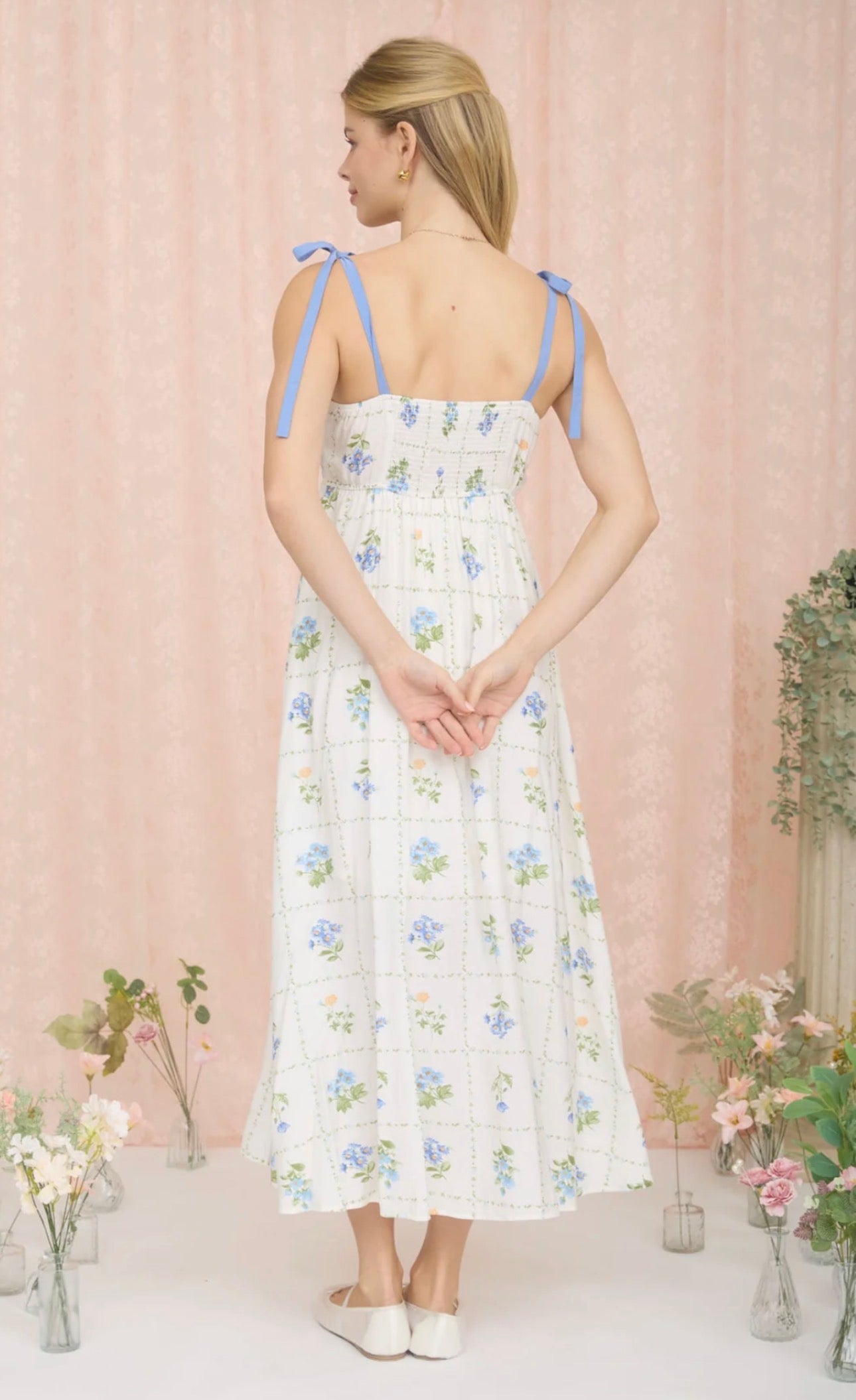 Floral Tile Scallop Tie Strap Midi Dress - Blue - Image 5