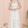 Floral Tile Scallop Tie Strap Midi Dress - Blue