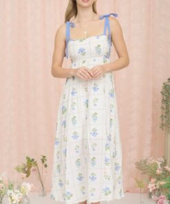 Floral Tile Scallop Tie Strap Midi Dress - Blue