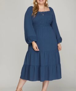 Long Sleeve Smocked Midi Dress - Blue