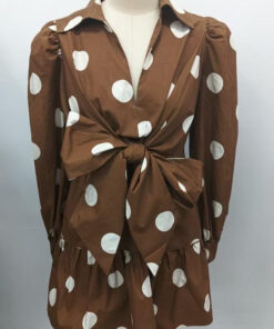 Polka Dot Tie Frontpiped Mini Dress Brown/Cream