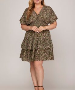 Leopard V-neck Tiered Dress - Olive/Pink