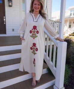Embroidered Floral Maxi Dress - Ecru