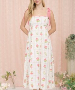 Alternative view of Floral Tile Scallop Tie Strap Midi Dress - Pink