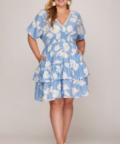 Blue Floral V-Neck Tiered Short Dress