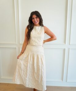 Floral Embroidery Detail Cream Top and Skirt 2-Piece Set