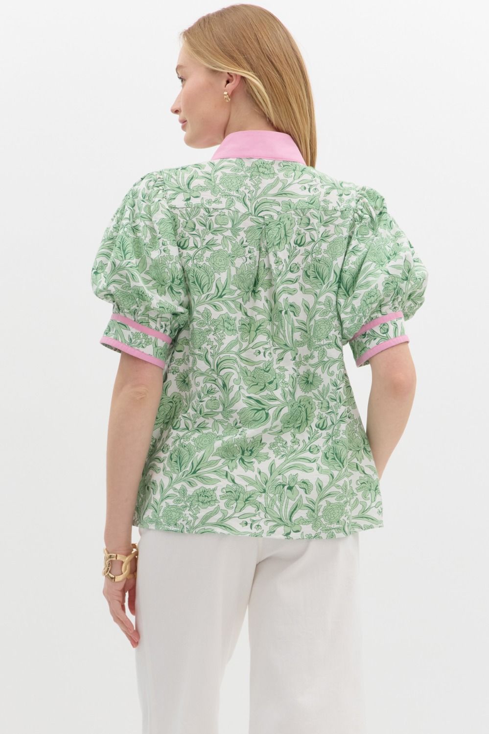 Grandmillennial Puff Sleeve Top - Pink/Green - Image 3