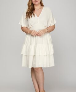Drop Shoulder Smocked Waist Tiered Mini Dress - Off White