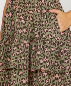 Alternative view of Leopard V-neck Tiered Dress - Olive/Pink