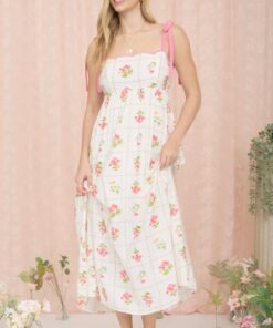 Floral Tile Scallop Tie Strap Midi Dress - Pink