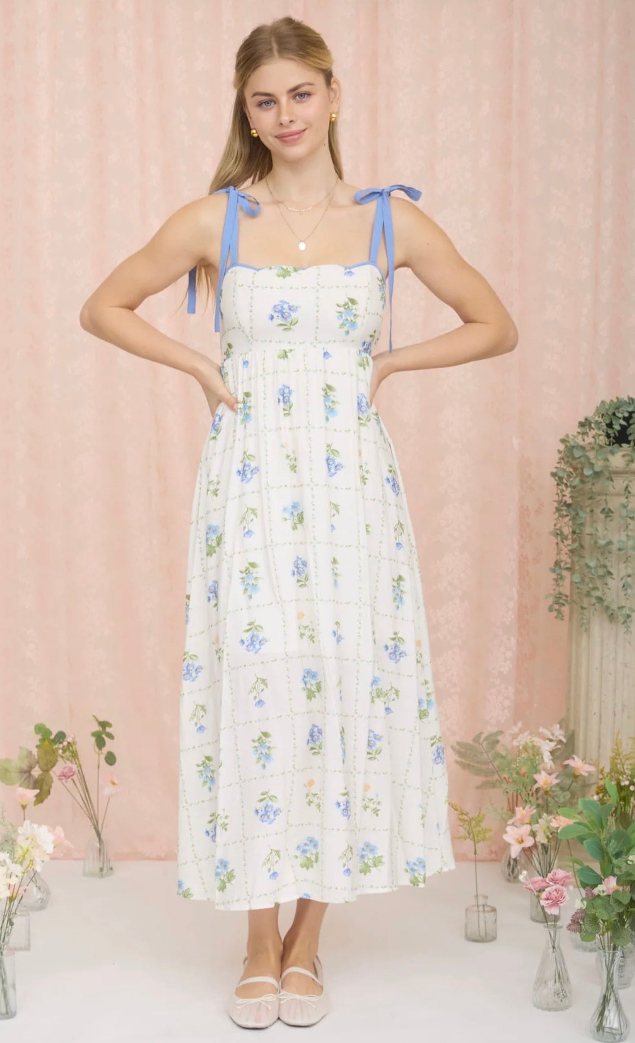 Floral Tile Scallop Tie Strap Midi Dress - Blue - Image 2