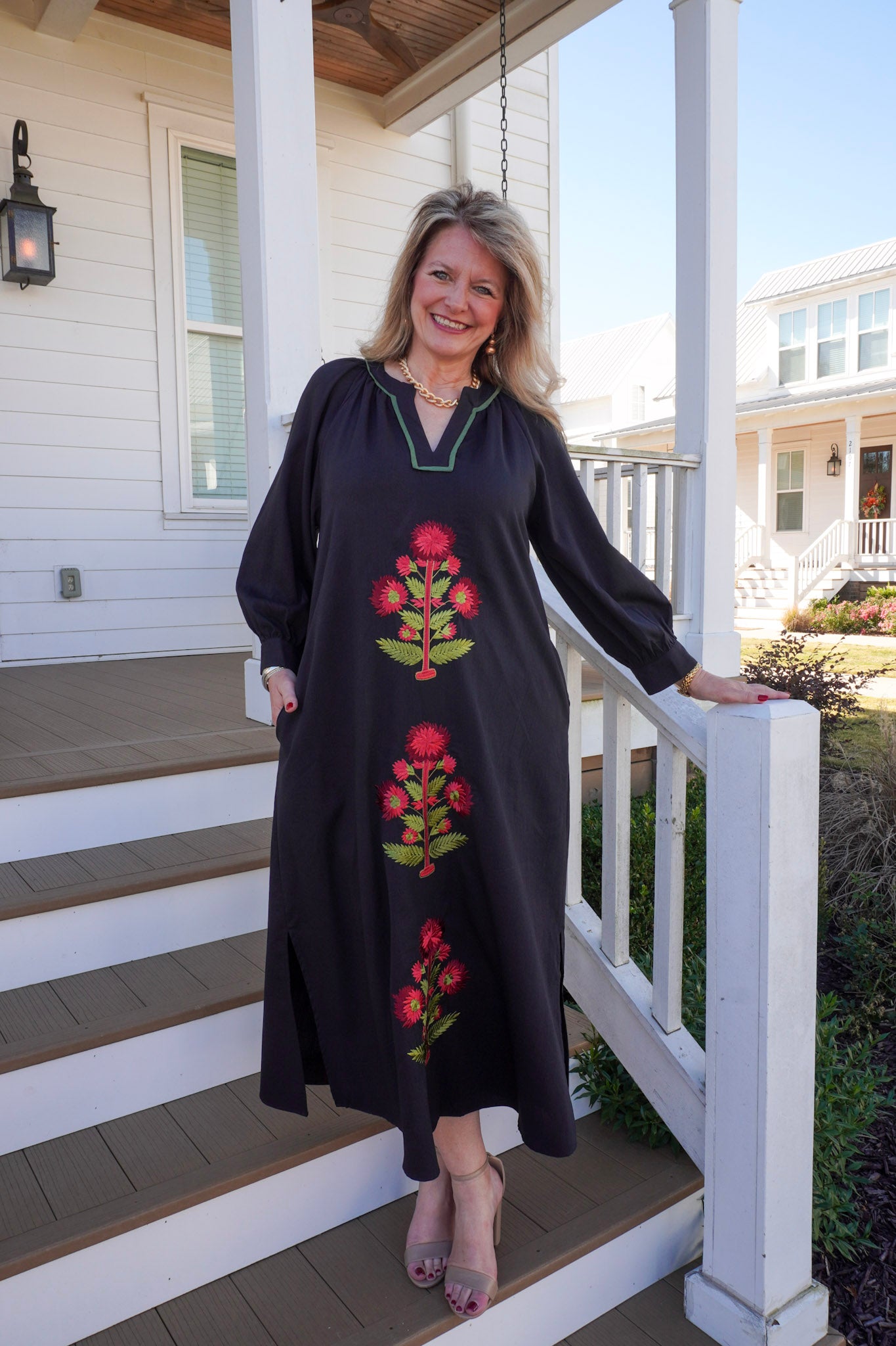 Embroidered Floral Maxi Dress - Black