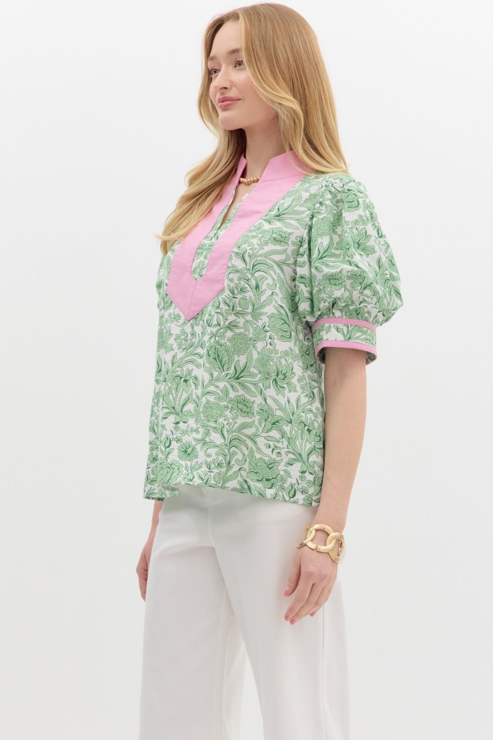 Grandmillennial Puff Sleeve Top - Pink/Green - Image 2