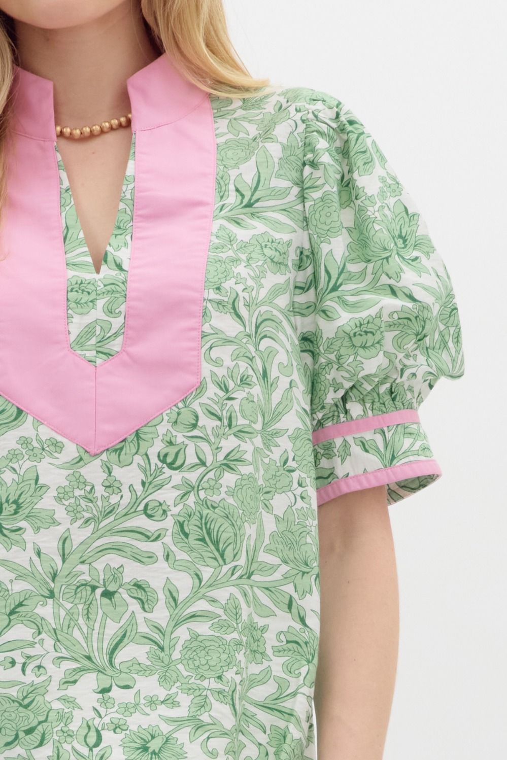 Grandmillennial Puff Sleeve Top - Pink/Green - Image 6