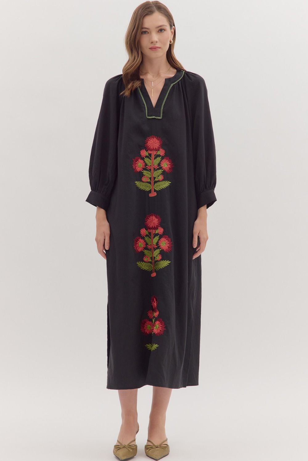 Embroidered Floral Maxi Dress - Black - Image 4