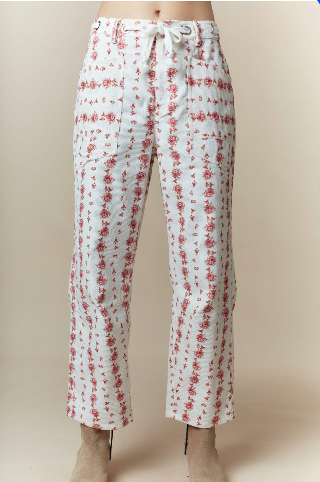 Floral Printed Corduroy Waist Tie Detail Pants - Image 3