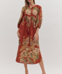 Rust Floral Midi Dress With Waist Tie