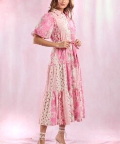 Pink Poplin Floral Patchwork Printed Dress