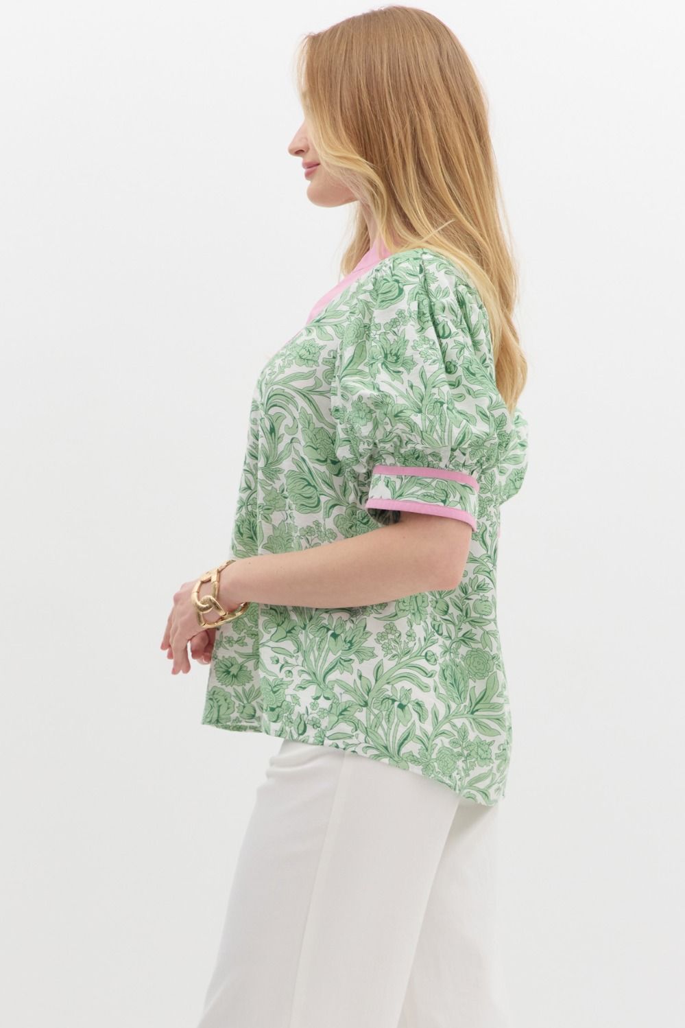 Grandmillennial Puff Sleeve Top - Pink/Green - Image 5