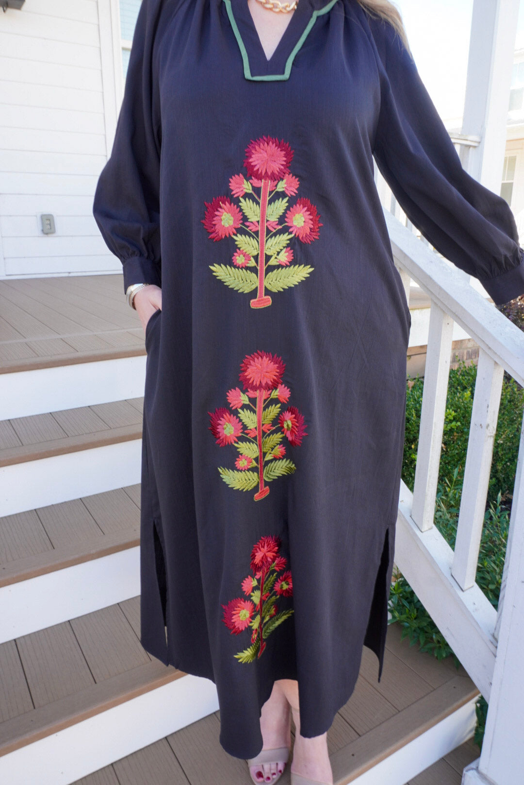 Embroidered Floral Maxi Dress - Black - Image 2
