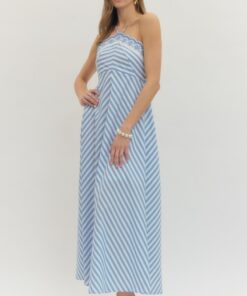 Alternative view of Striped Embroidered Halter Maxi Dress - Light Blue