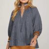 3/4 Sleeve Half Zip Striped Top - Navy/Brown