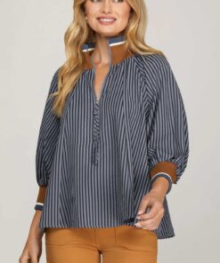 3/4 Sleeve Half Zip Striped Top - Navy/Brown